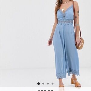 Elegant Blue Lace Trim Jumpsuit